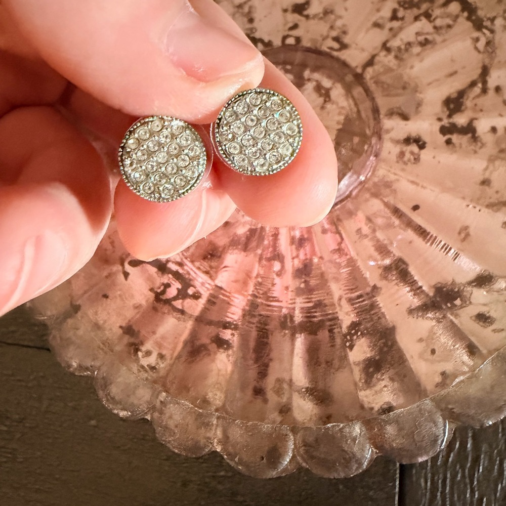 Crystal Pave Round Stud Earrings - Silver Tone